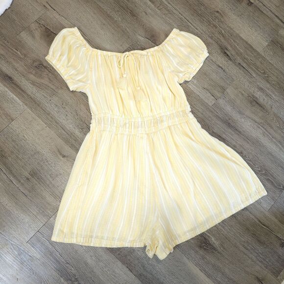 American Eagle Romper Size L Butter Yellow White Striped Off Shoulder Tassels - Picture 10 of 11